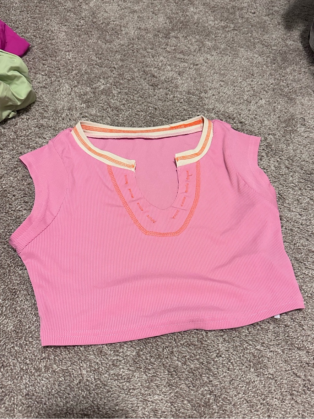 Super cute Pink Ribbed Crop Top with Contrast Trim from SHEIN